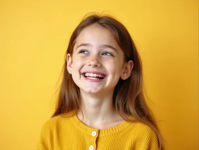 Happy Young Girl Smiling Against Yellow Background