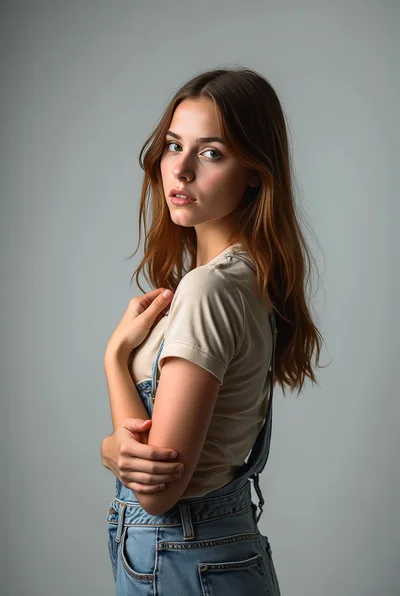 Young Woman Posing In Denim Overalls And T-Shirt