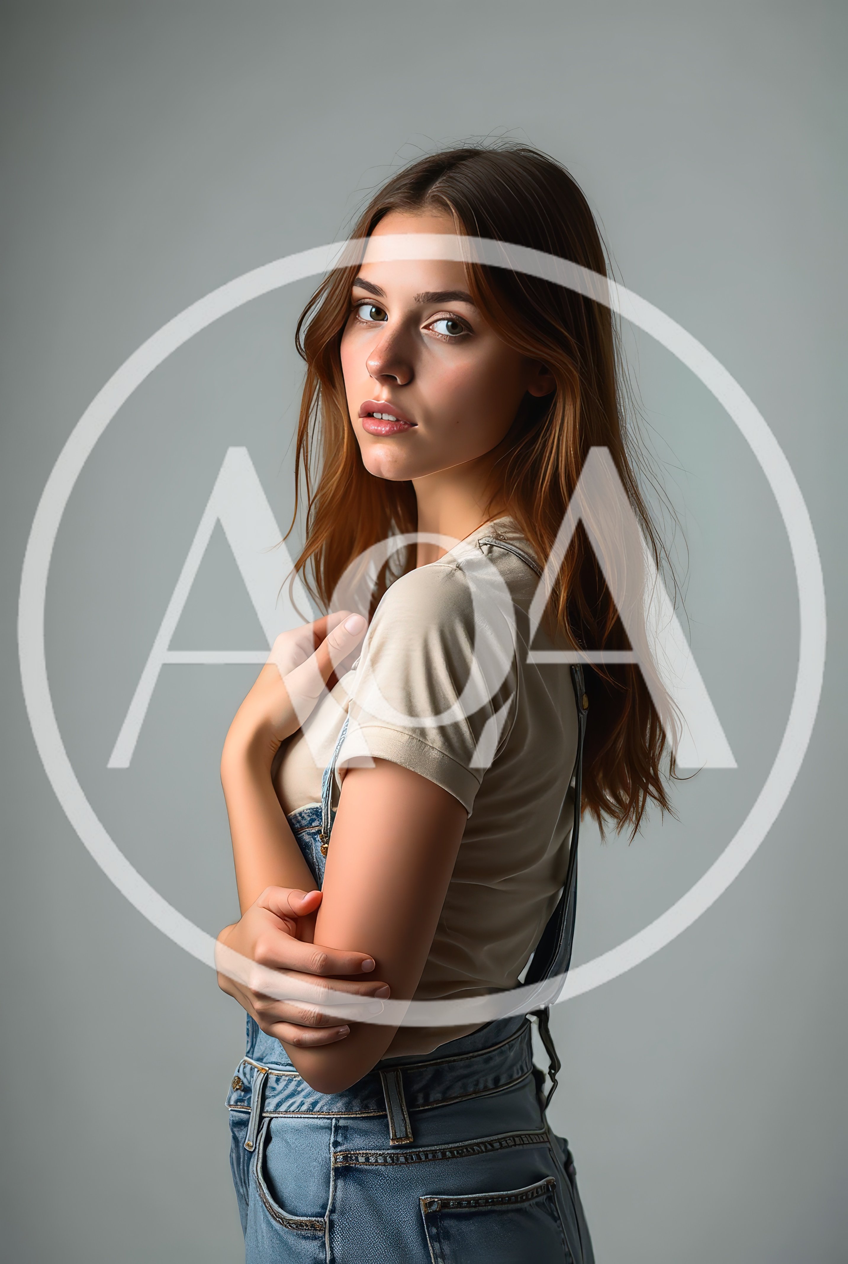 Young Woman Posing In Denim Overalls And T-Shirt