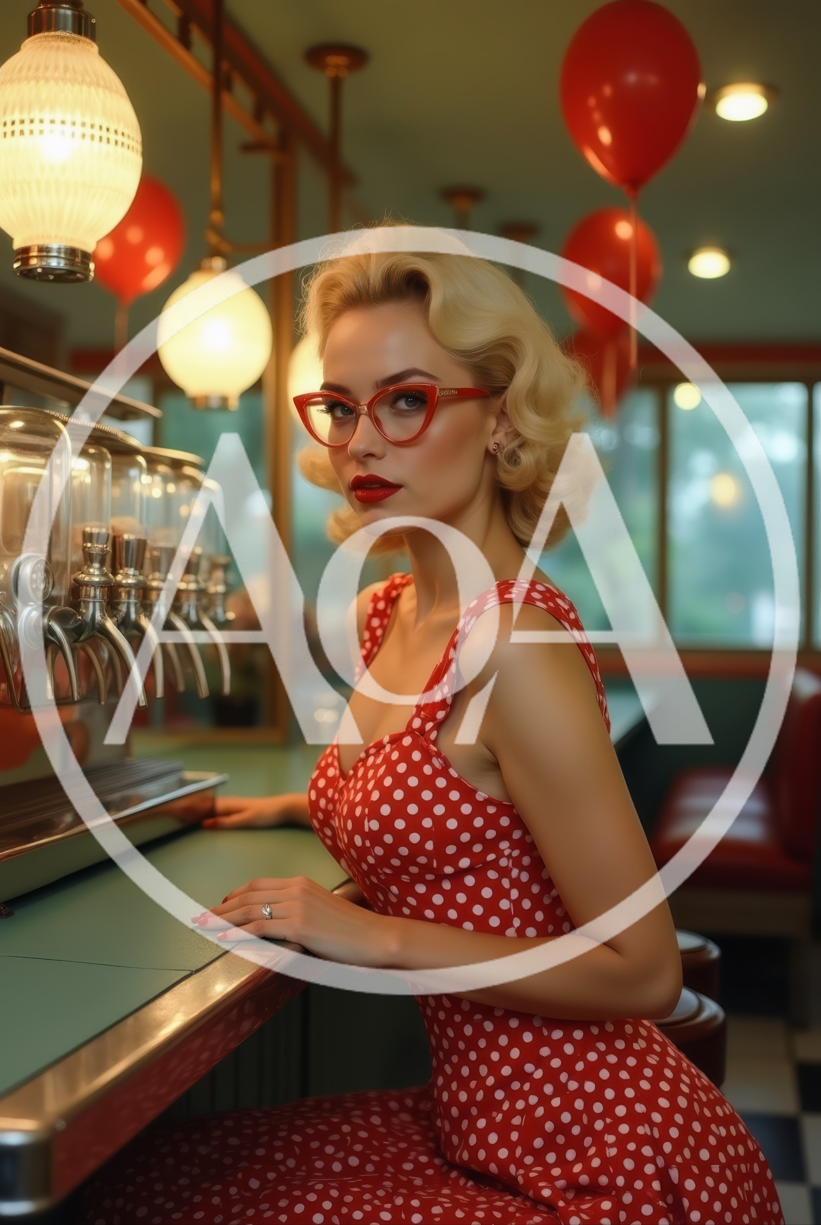 Vintage Style Woman Sitting At A Retro Diner Counter