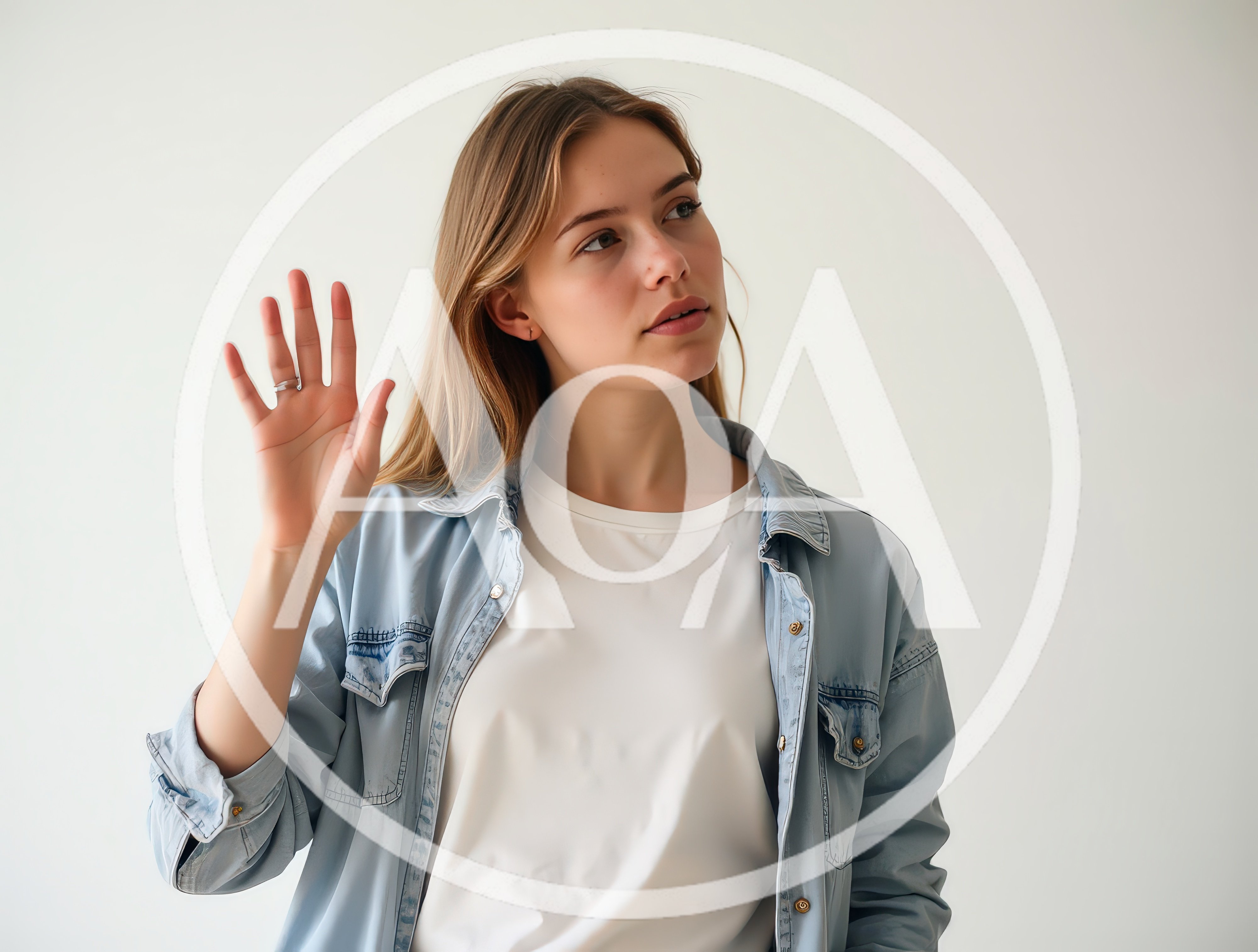 Young Woman Waving Hello Against A Plain White Background