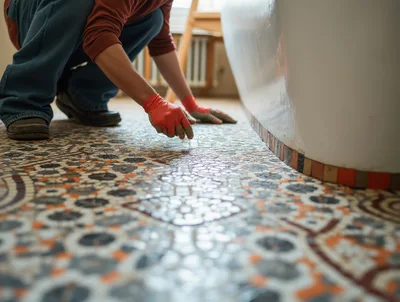 Professional Tiler Installing Mosaic Floor Tiles
