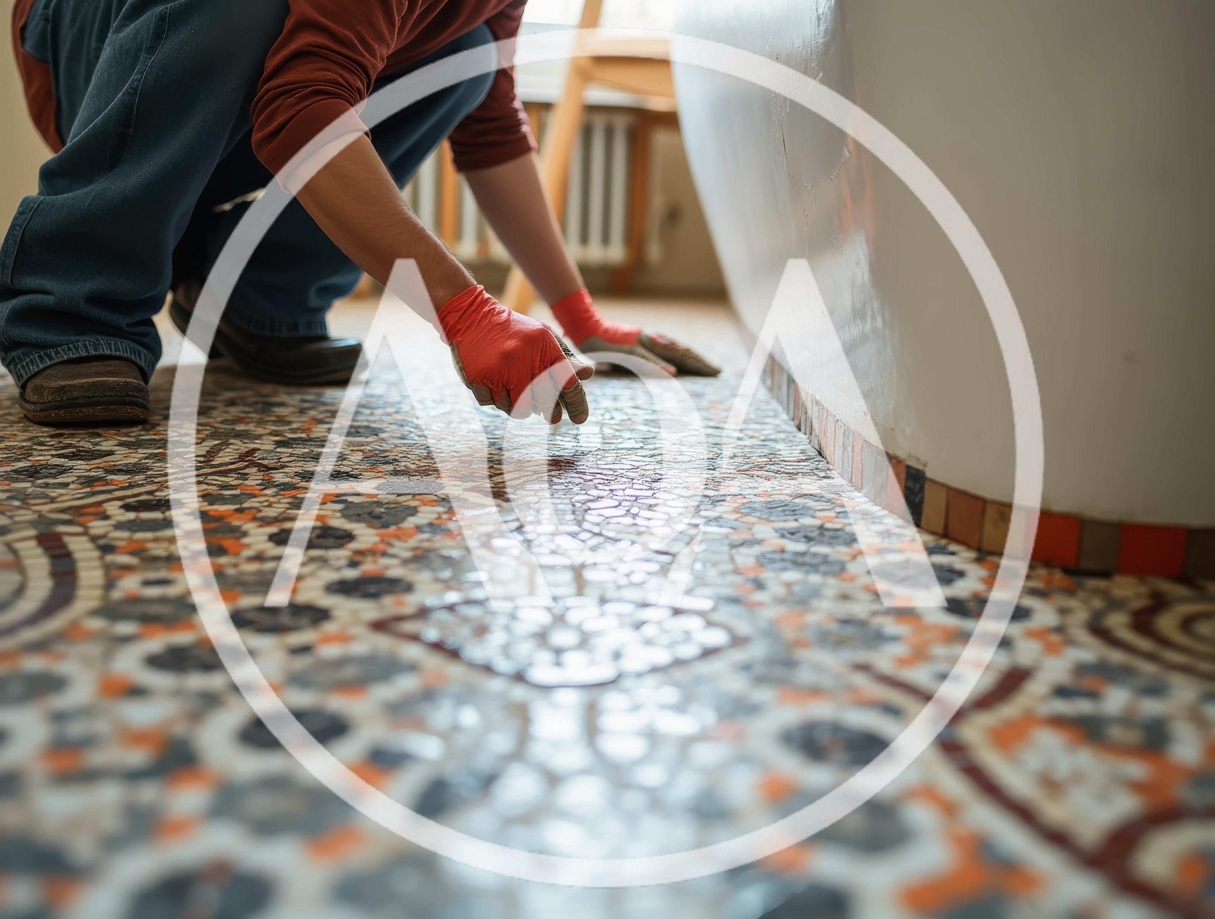 Professional Tiler Installing Mosaic Floor Tiles