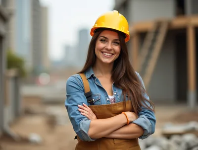 Smiling Female Construction Worker Wearing Yellow Hard Hat