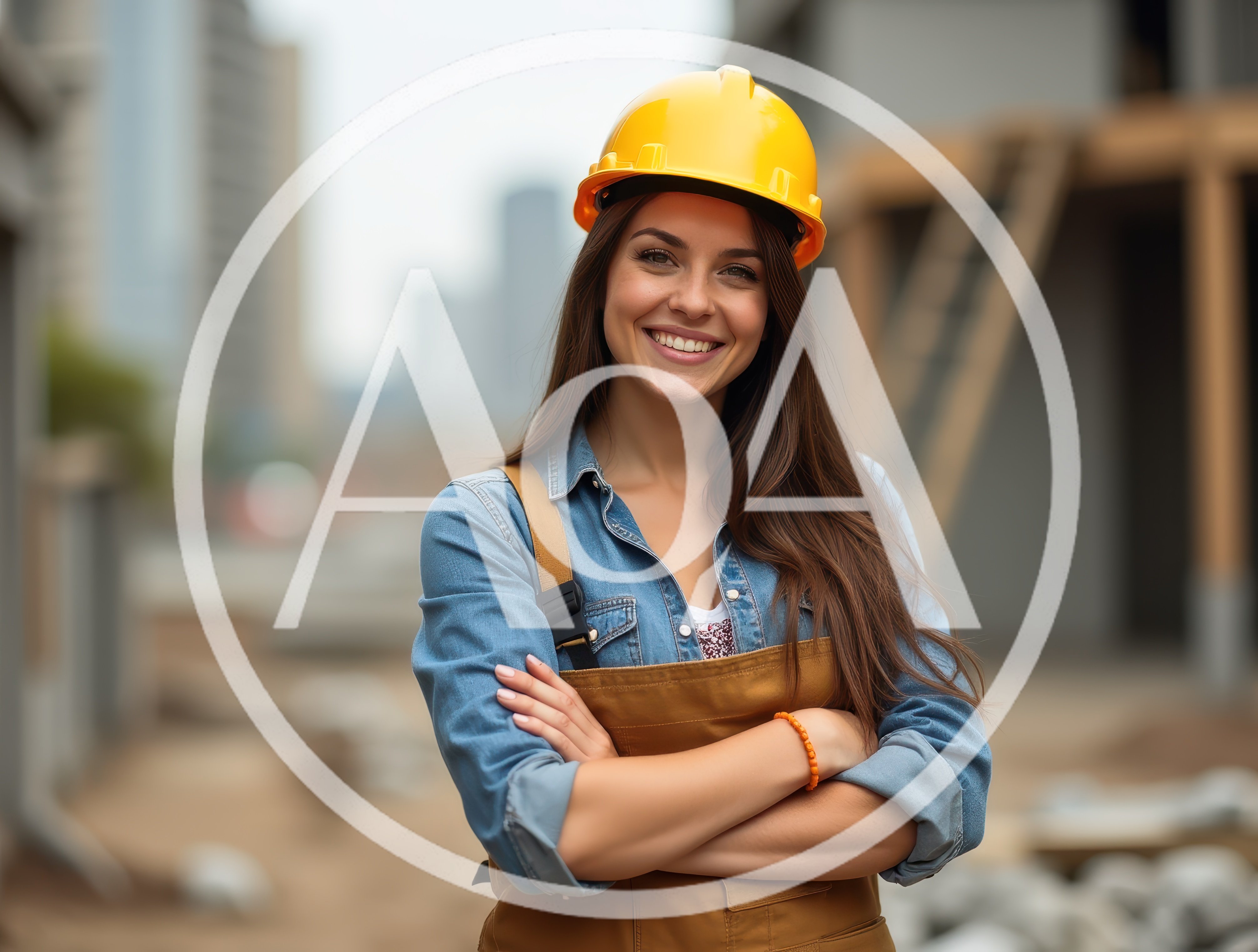 Smiling Female Construction Worker Wearing Yellow Hard Hat