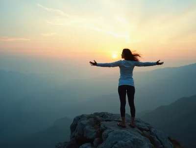 Woman Standing With Arms Outstretched On Mountain Peak