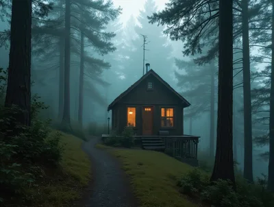 Cozy Wooden Cabin In A Misty Forest