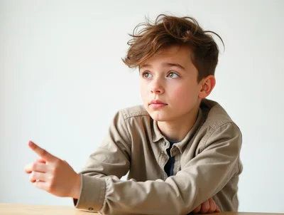 Young Boy Pointing At Something With A Curious Expression
