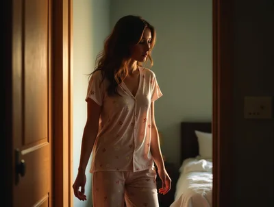 Woman In Pajamas Walking Through Bedroom Doorway