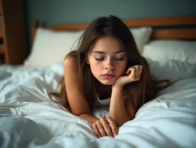 Young Girl Resting On Bed In Bedroom