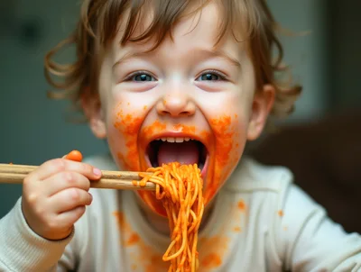 Toddler Eating Spaghetti With Chopsticks