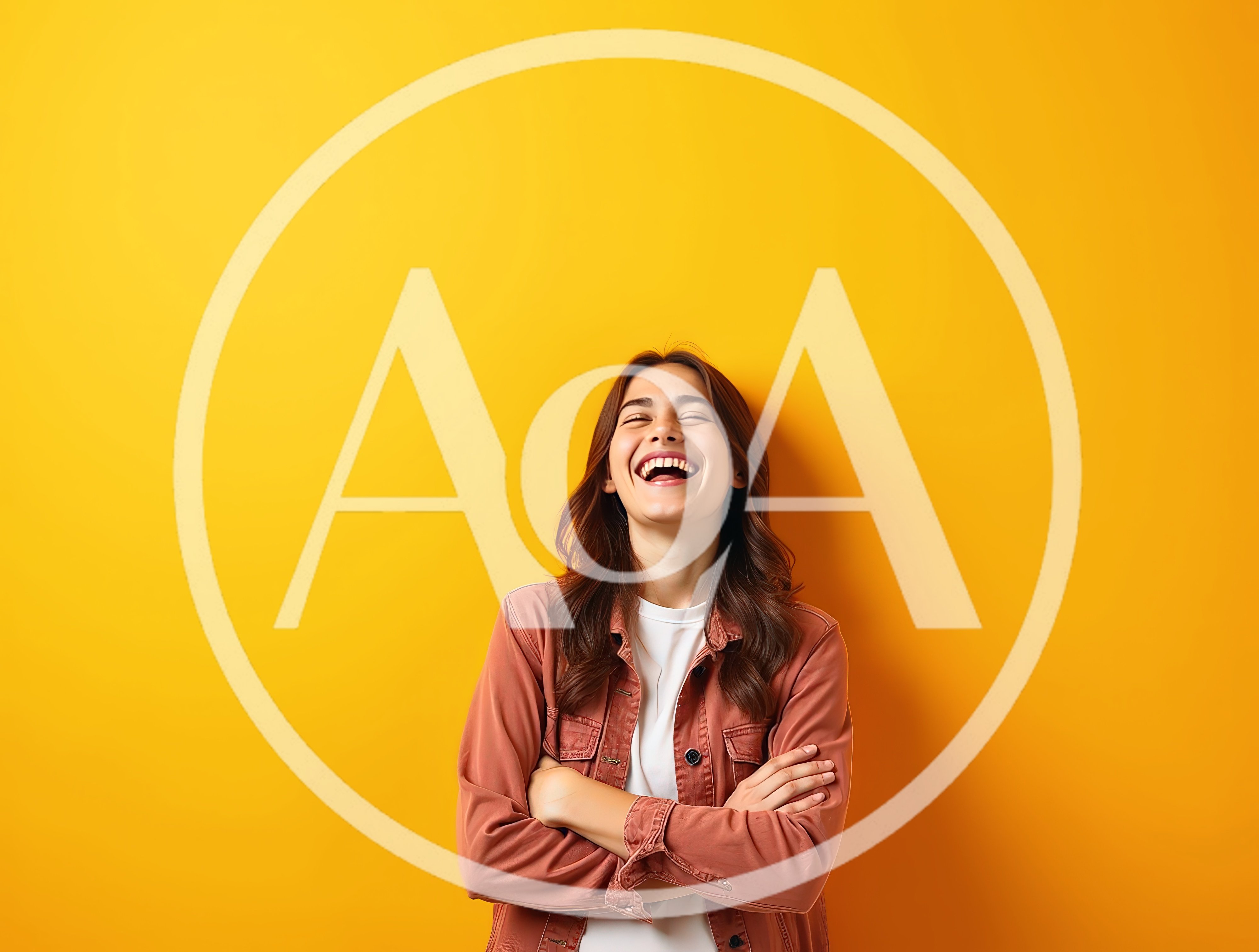 Happy Young Woman Laughing Against Yellow Background