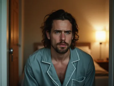 Man With Messy Hair Sitting In Bedroom At Night