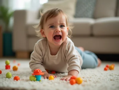 Crying Toddler Playing With Colorful Toys On Carpet