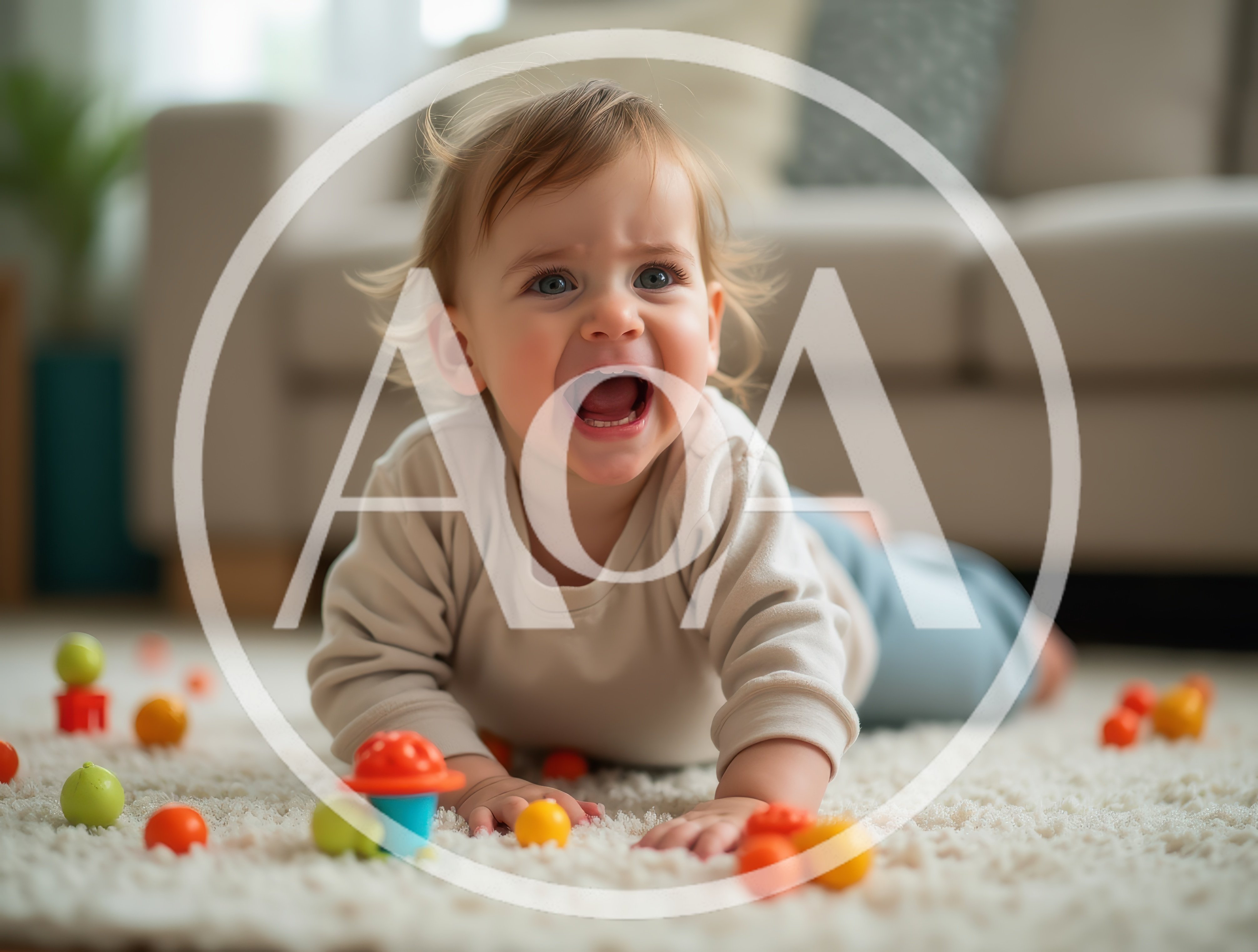 Crying Toddler Playing With Colorful Toys On Carpet