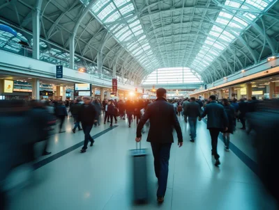 Commuter Walking Through Busy Modern Train Station Terminal