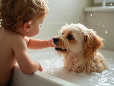 Toddler Bathing A Small Dog In A Bathtub