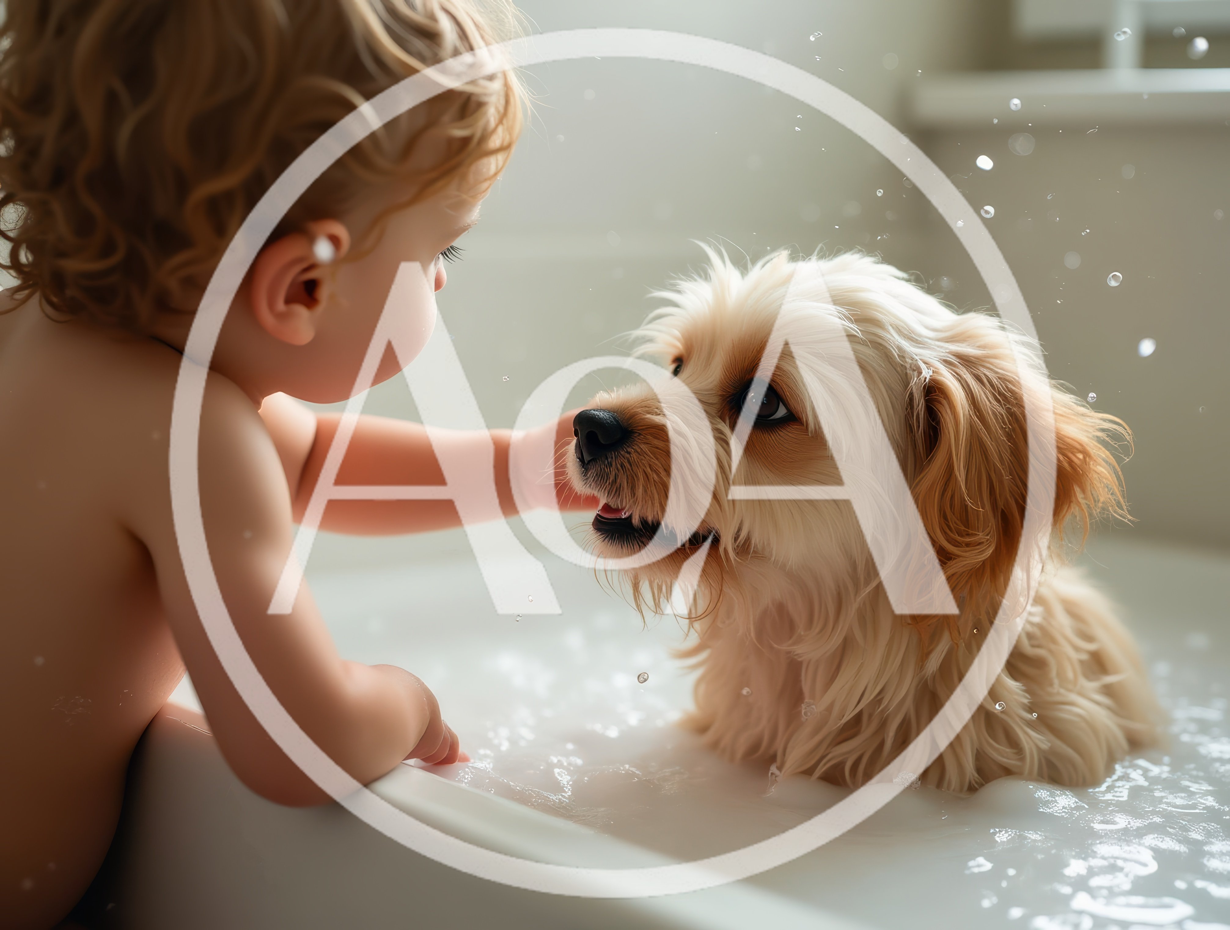 Toddler Bathing A Small Dog In A Bathtub