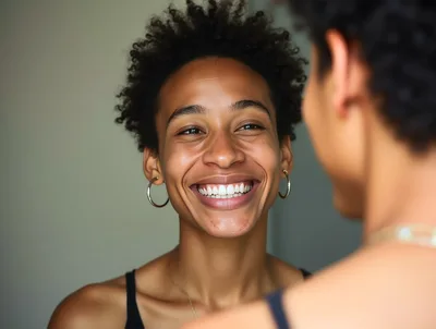 Young Woman Smiling During A Friendly Conversation