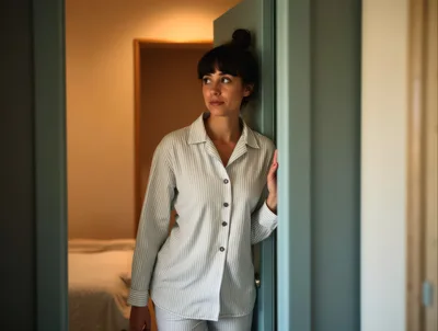 Young Woman Standing In Bedroom Doorway In Pajamas