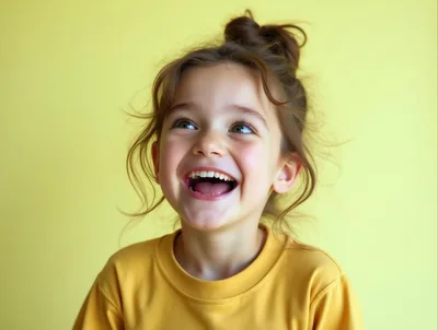 Happy Little Girl Laughing Against Yellow Background