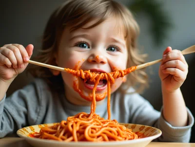 Toddler Eating Spaghetti With Chopsticks