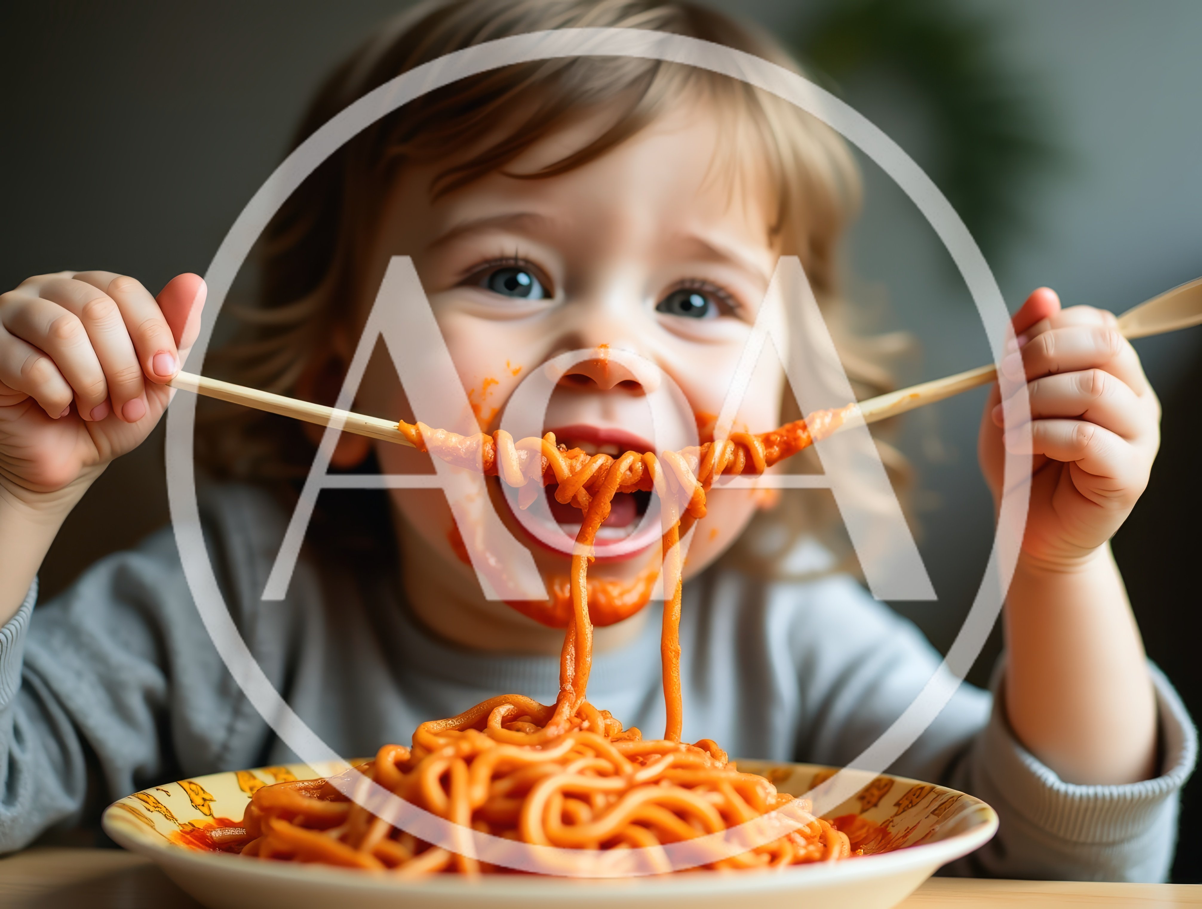Toddler Eating Spaghetti With Chopsticks
