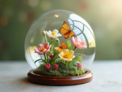 Glass Dome Terrarium With Butterflies And Flowers