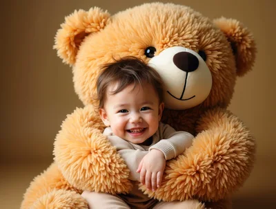 Happy Toddler Hugging A Large Teddy Bear