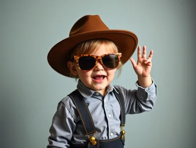 Toddler Wearing Cowboy Hat And Sunglasses Waving