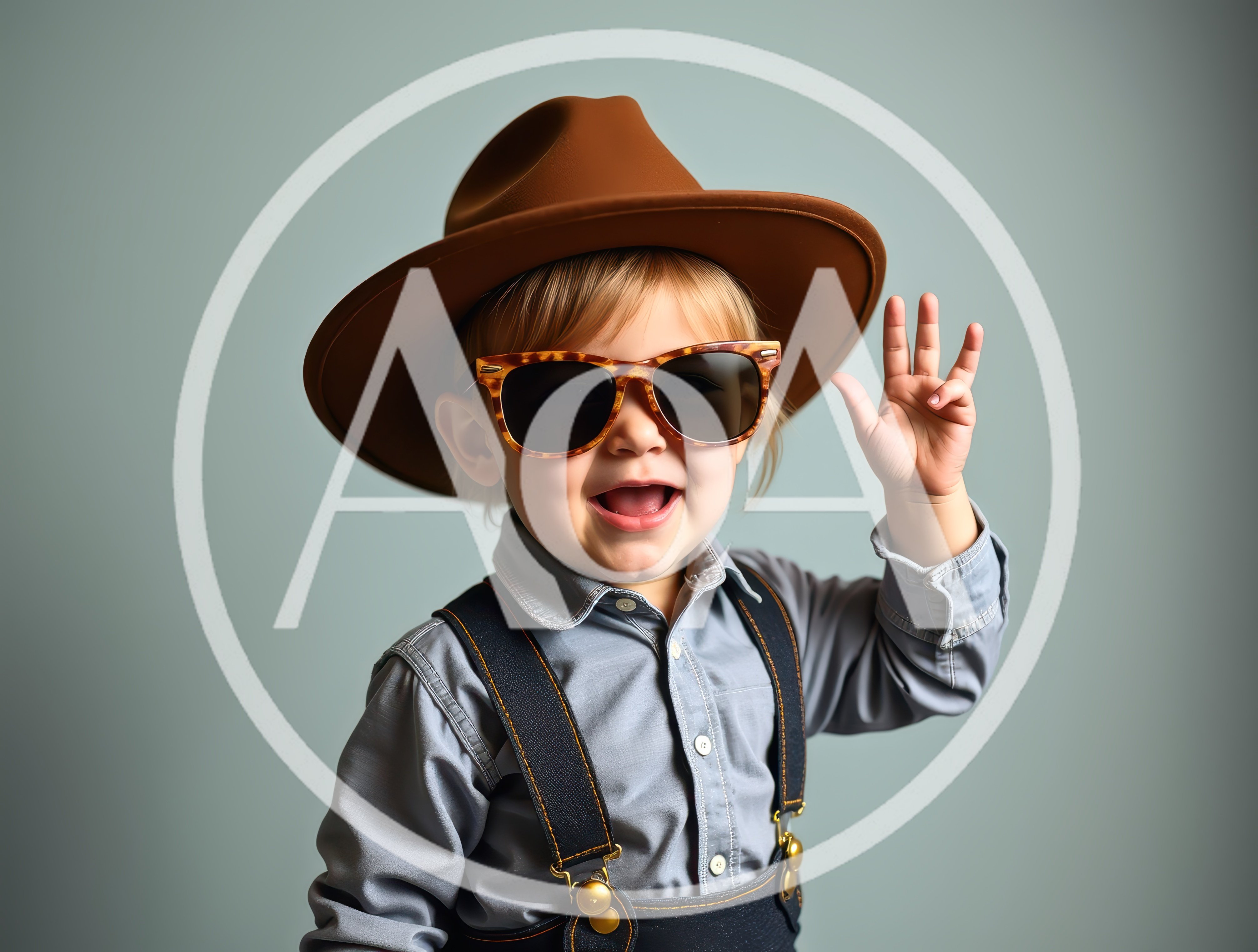 Toddler Wearing Cowboy Hat And Sunglasses Waving