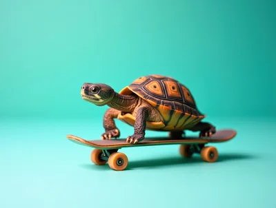 Turtle Riding A Skateboard On Teal Background