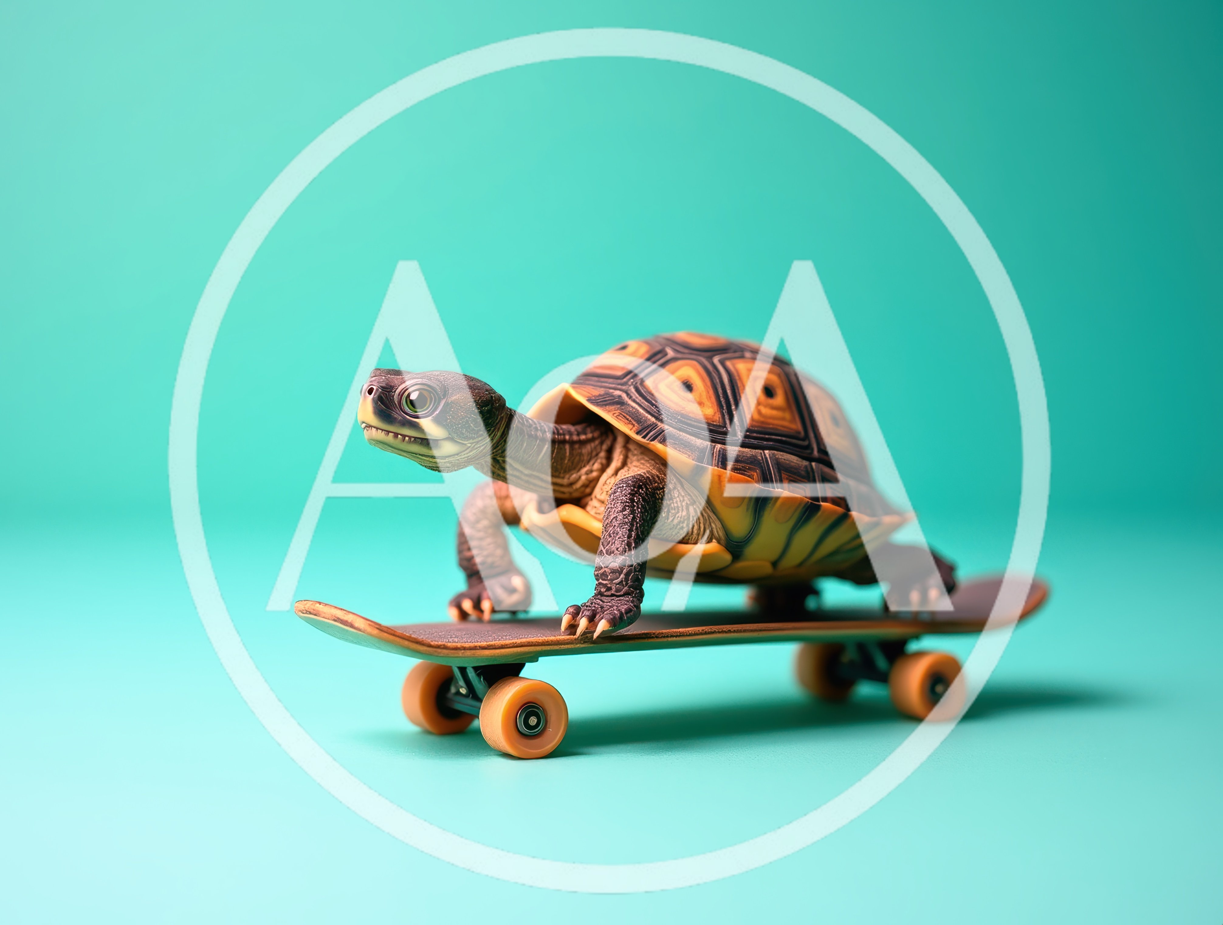 Turtle Riding A Skateboard On Teal Background