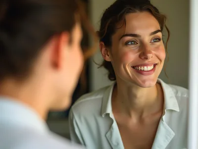 Young Woman Smiling At Her Reflection In A Mirror