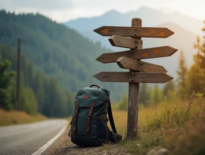 Backpack Resting Beside A Wooden Signpost On Mountain Road