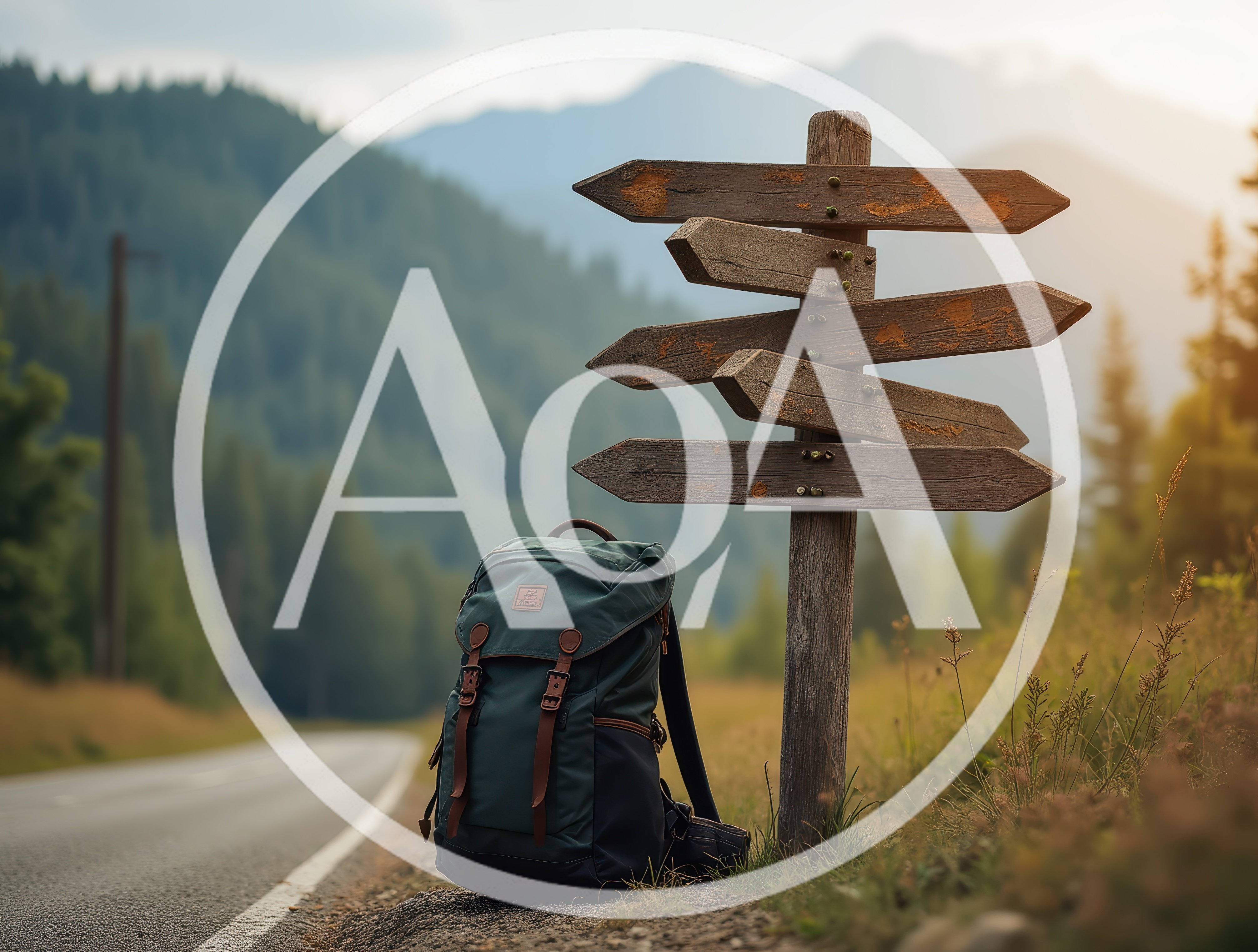 Backpack Resting Beside A Wooden Signpost On Mountain Road