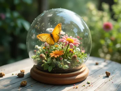 Orange Butterfly Inside A Glass Terrarium