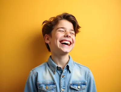 Happy Young Boy Laughing Against Yellow Background