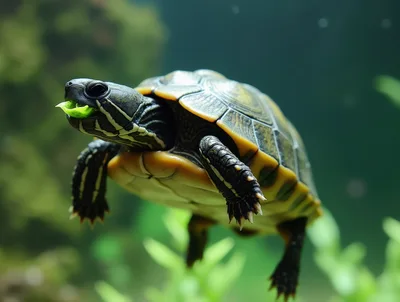 Painted Turtle Swimming Underwater With Green Leaf