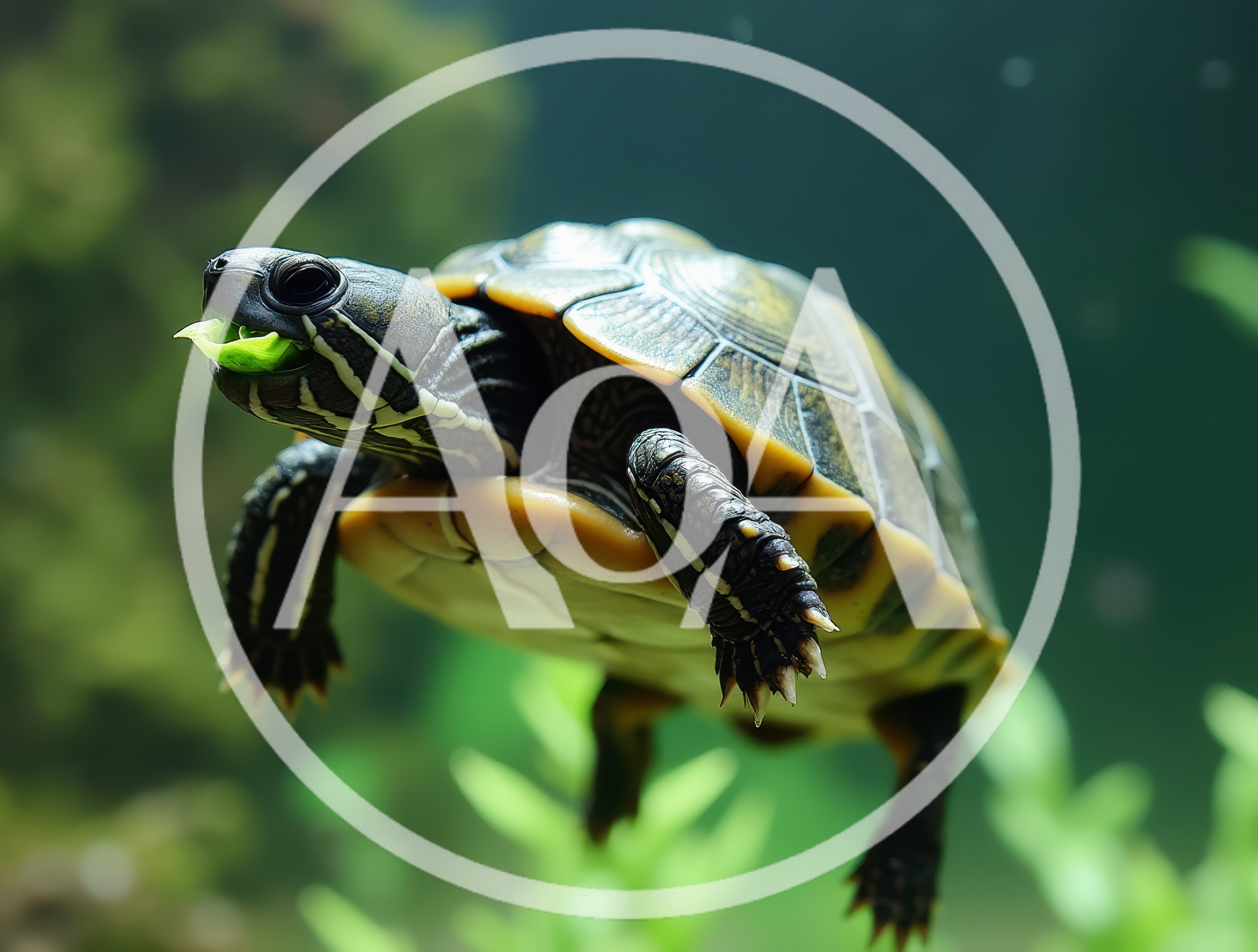 Painted Turtle Swimming Underwater With Green Leaf