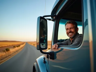 Smiling Truck Driver Looking Out Window On Open Road