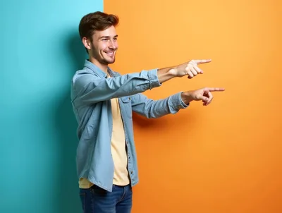 Young Man Pointing To The Side Against Split Background