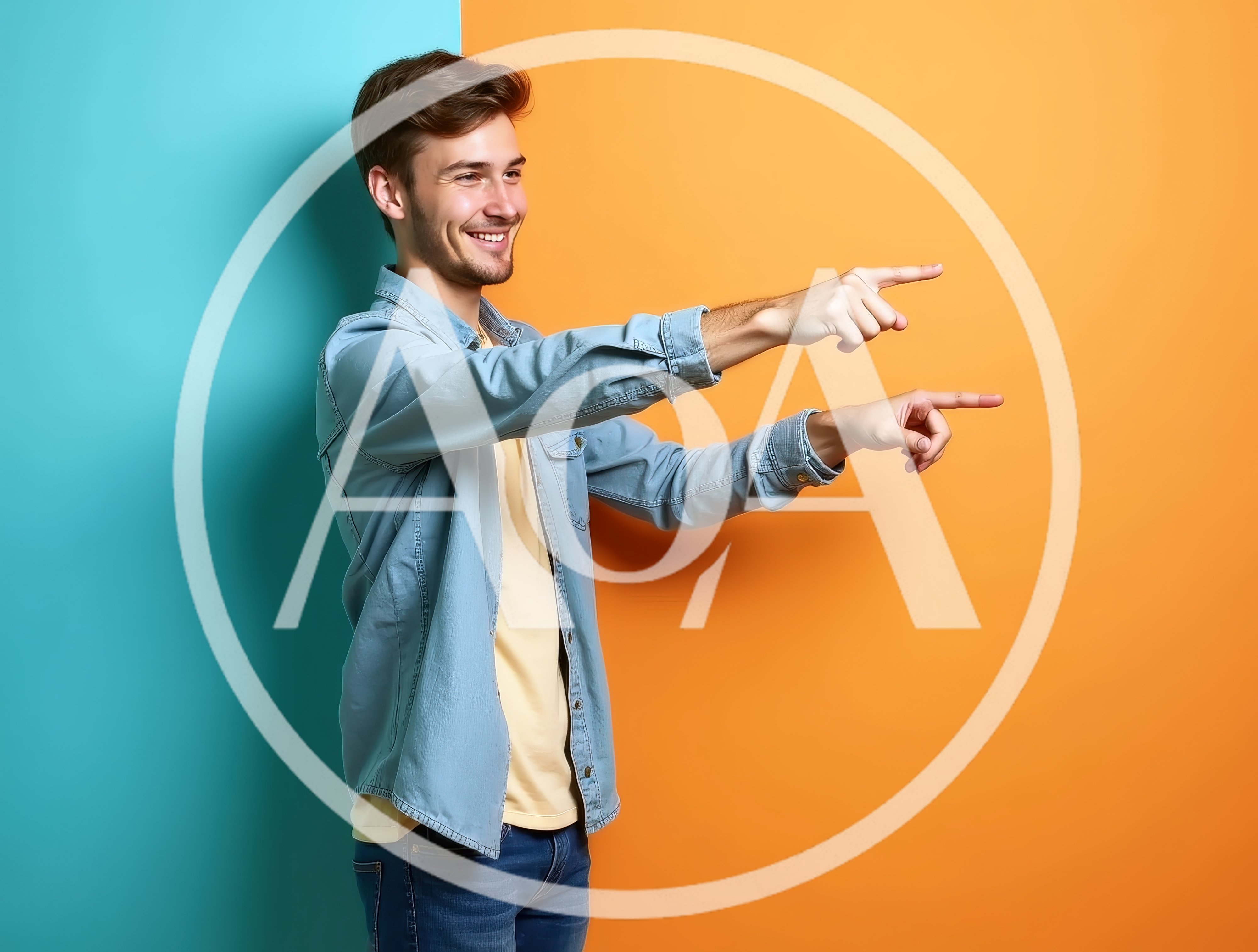 Young Man Pointing To The Side Against Split Background