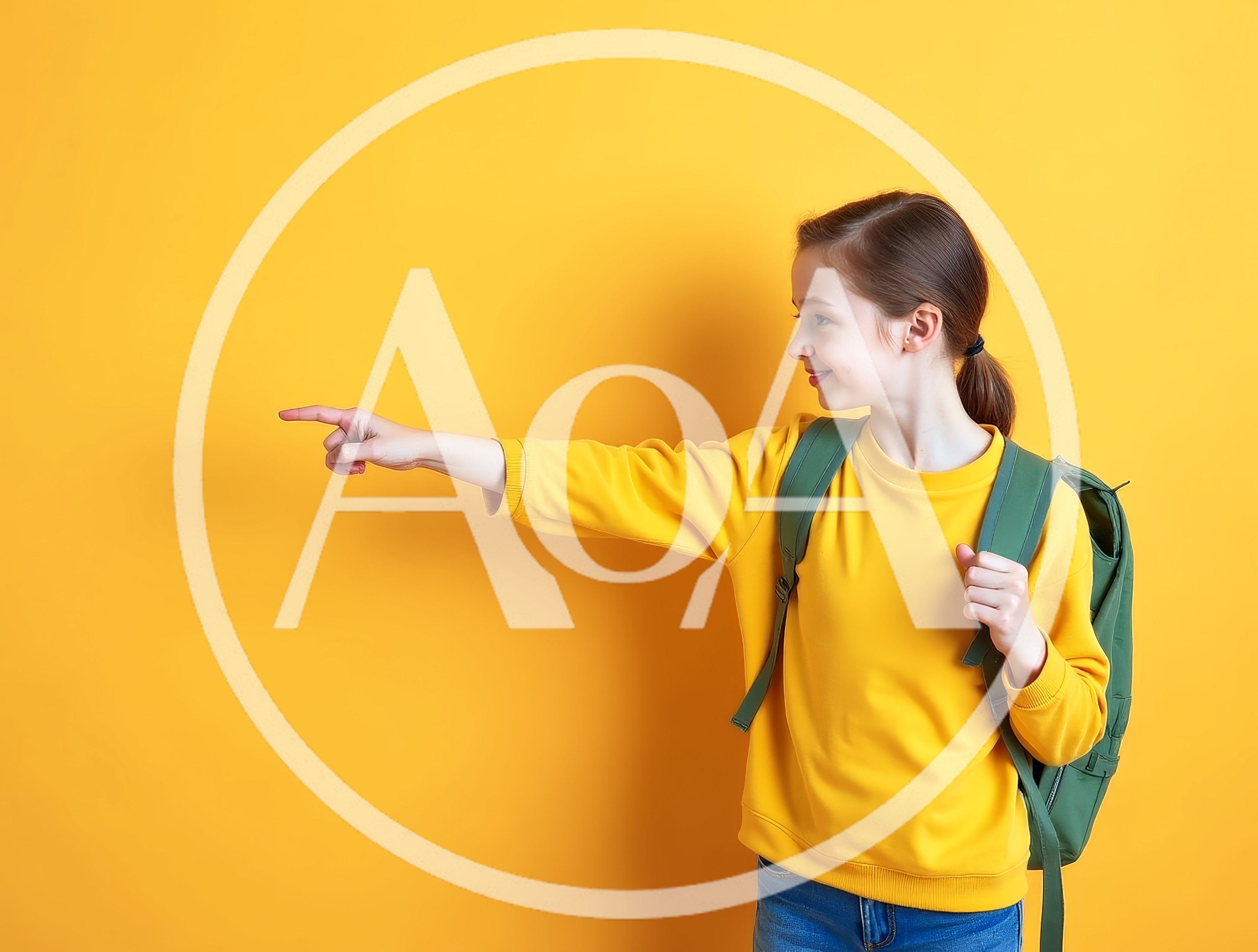 Young Girl Pointing To The Side With Backpack
