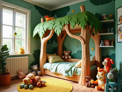Whimsical Jungle Themed Children Bedroom With Tree Bed