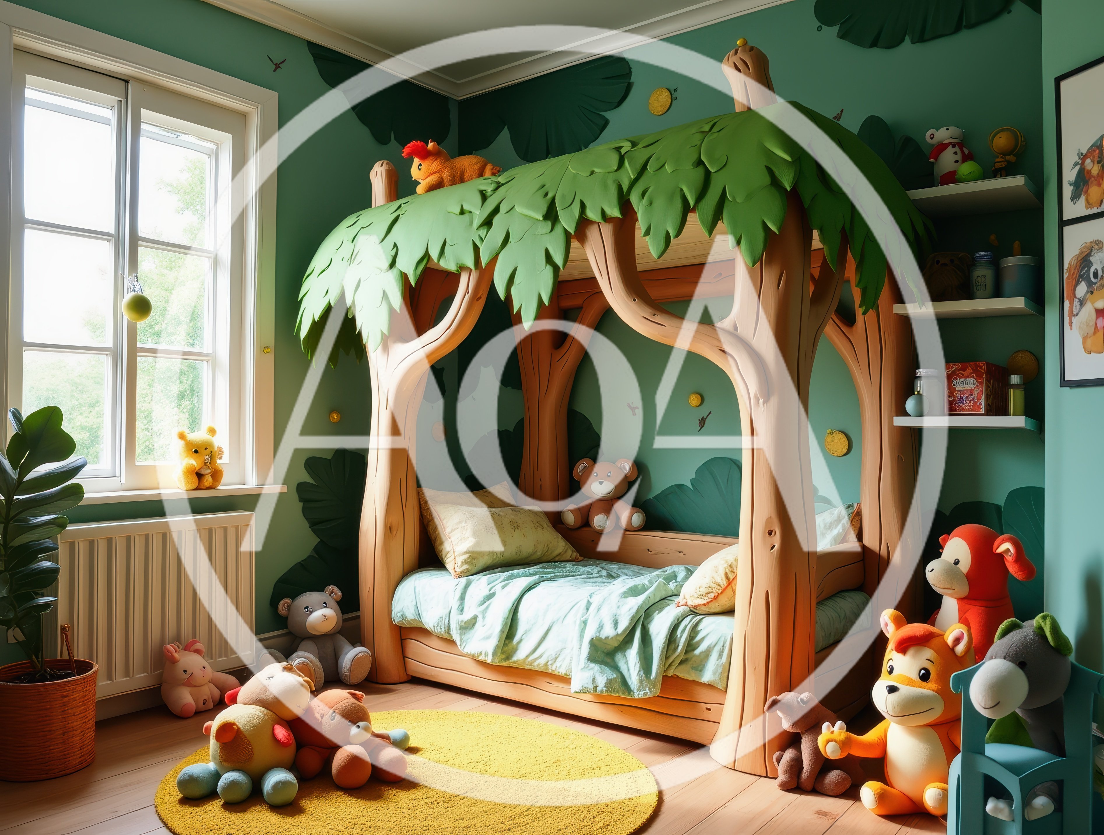 Whimsical Jungle Themed Children Bedroom With Tree Bed