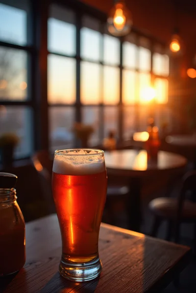 Glass Of Beer On A Pub Table At Sunset