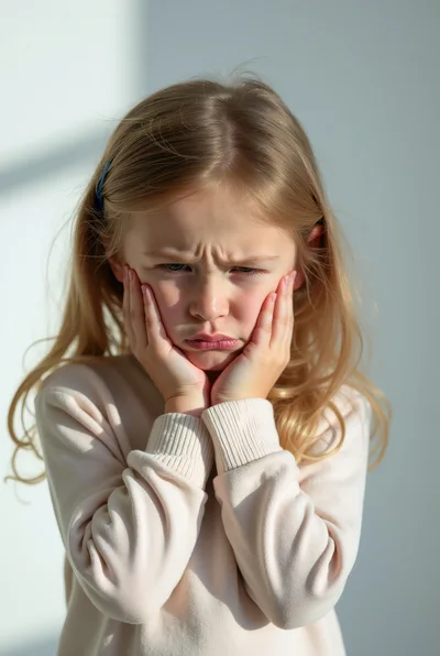 Upset Young Girl Holding Her Cheeks