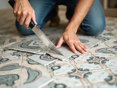 Person Cutting Decorative Floor Tile With A Knife