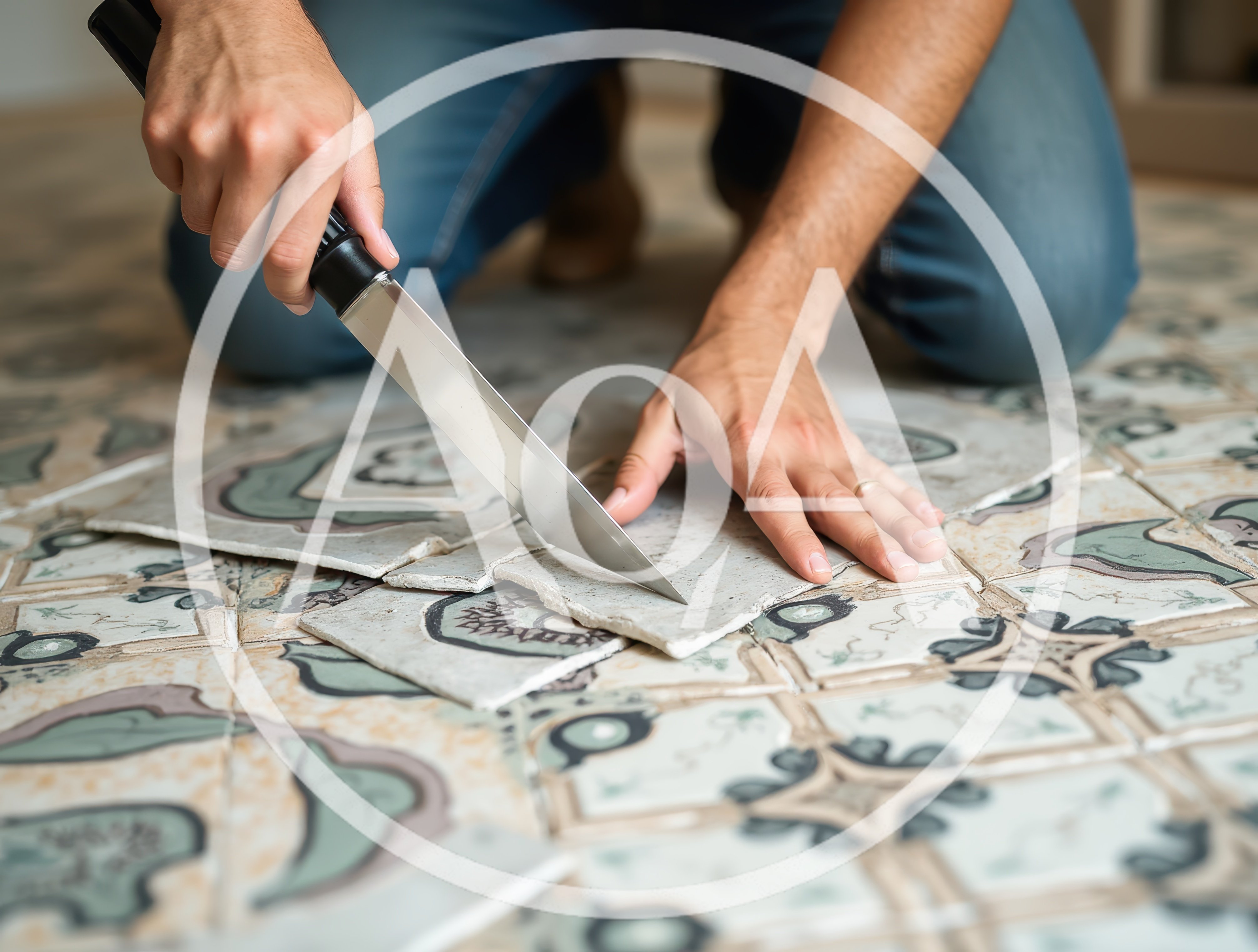 Person Cutting Decorative Floor Tile With A Knife